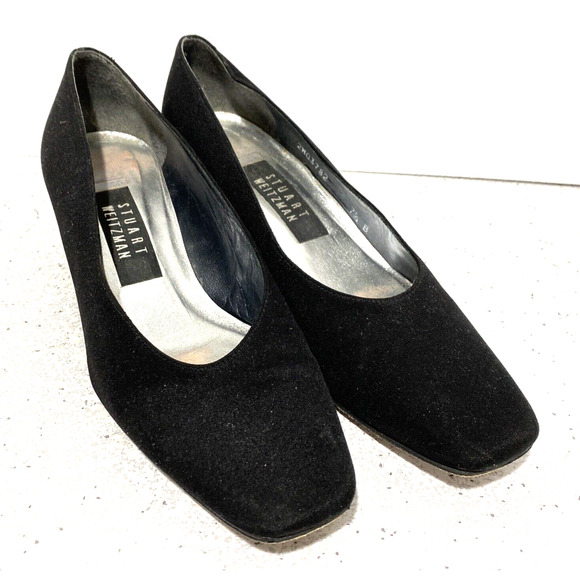 Stuart Weitzman dressy black satin pumps shoe rhinestone cover block heels 7.5 B - Picture 3 of 10